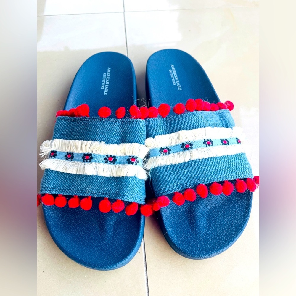 American Eagle Outfitters Blue Denim Boho Red Puff Slip-on Sandals-Size 8
